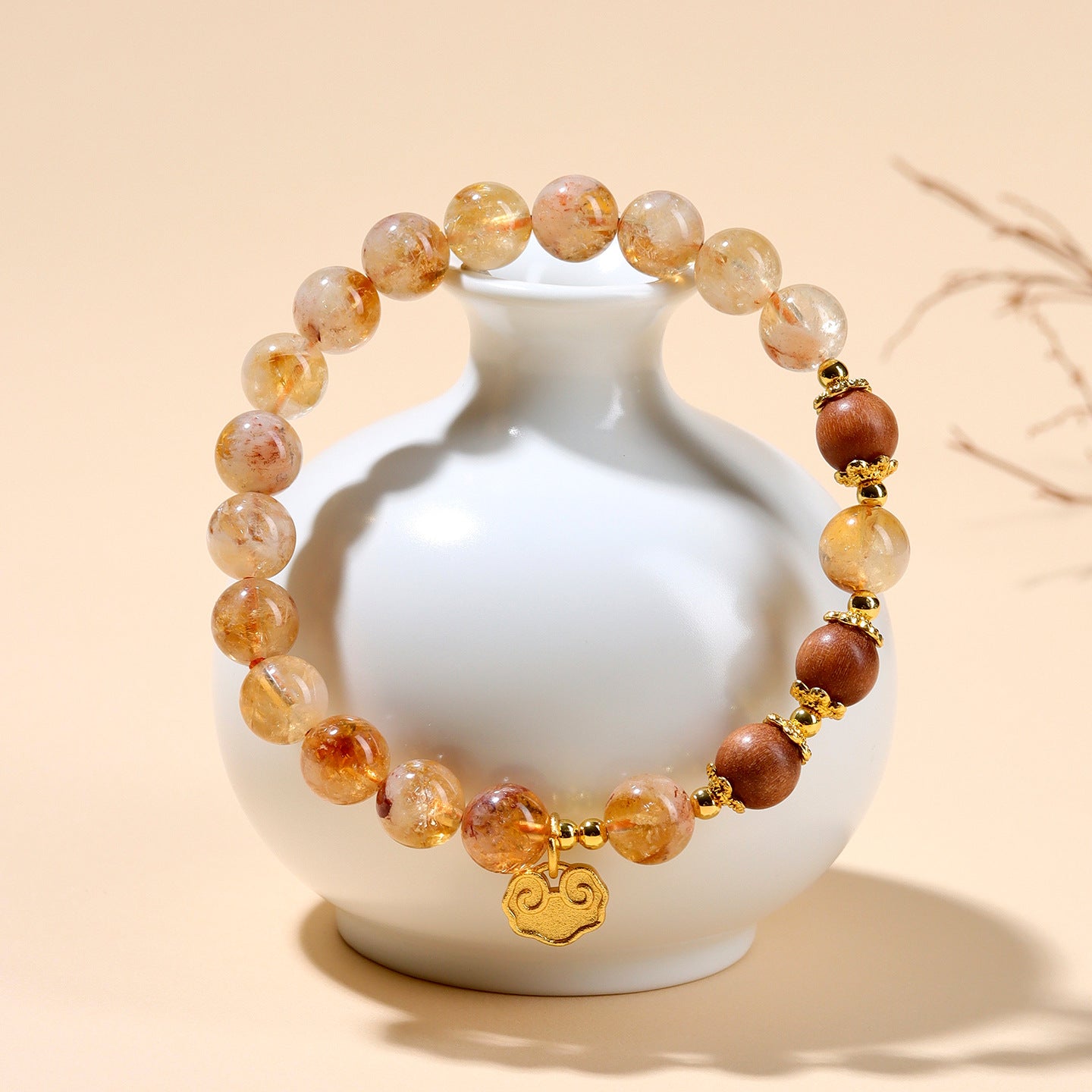 Natural Yellow Pagoda Crystal & Sandalwood Lucky Bracelet with Xiangyun Pendant