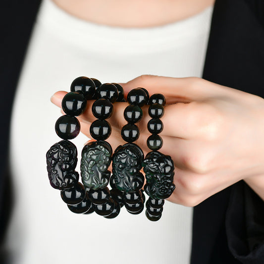 Natural Black Obsidian Pixiu Bracelet with Gold and Double Color Eye Beads - Wealth Protection Amulet for Couples