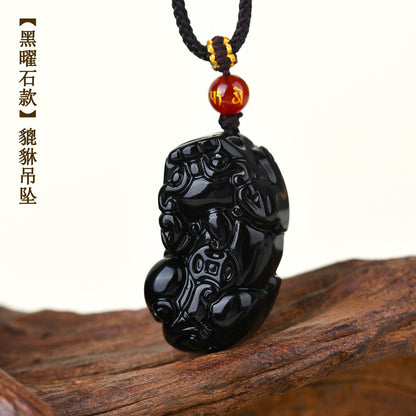 Natural Black Obsidian Pixiu Pendant with Copper Coin and Ruyi Carving - Wealth and Protection Amulet