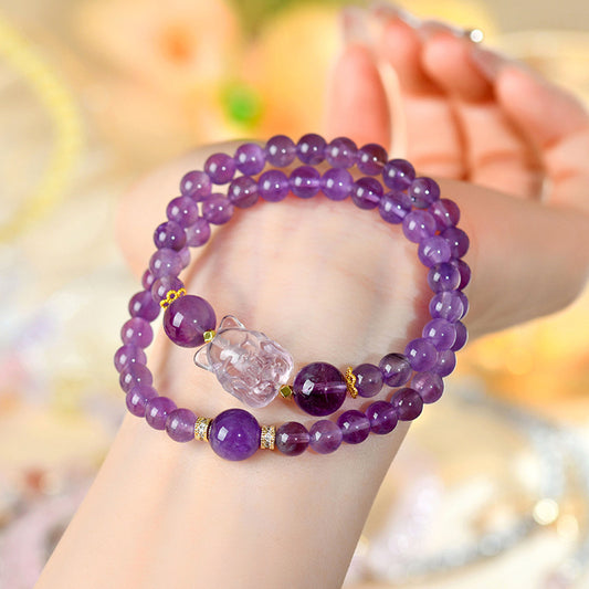Natural Amethyst Nine-Tailed Fox Double Circle Bracelet - Mystical Chinese Style Women's Jewelry