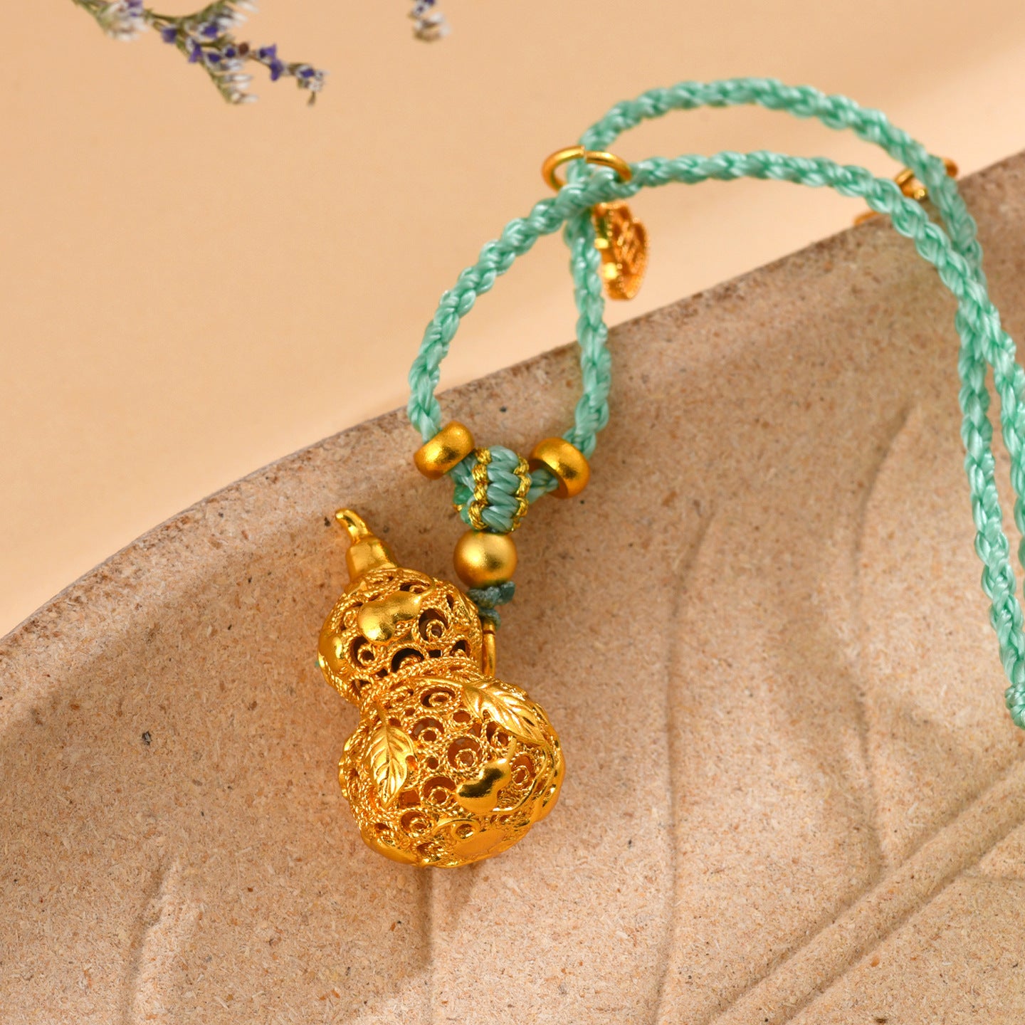 Golden Gourd Hollow Flower Pendant Necklace - Wealth and Prosperity Chinese Style Charm