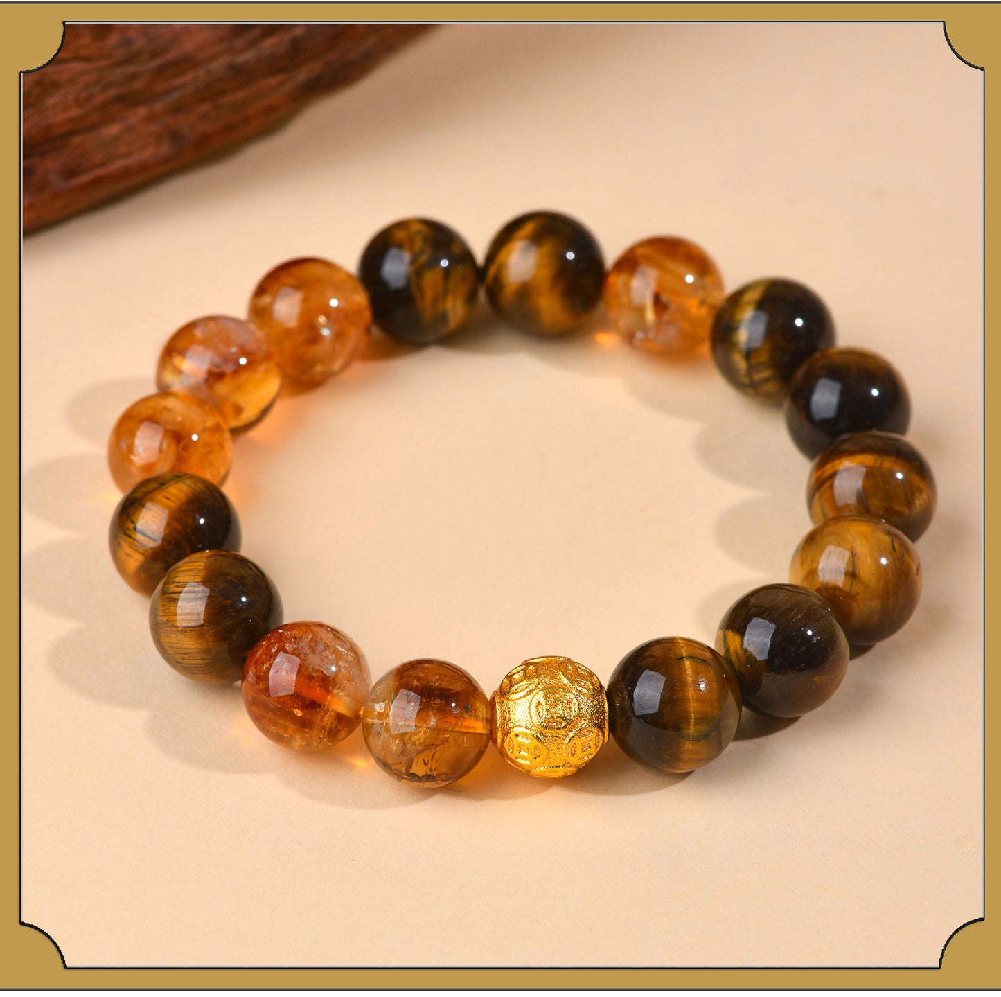Yellow Tiger Eye Crystal Bracelet with Copper Coin Beads - Chinese Style Lucky Charm