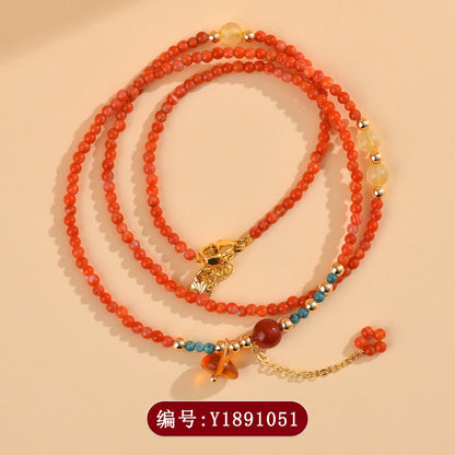Natural Southern Red Agate & Yellow Rutilated Quartz Multi-Circle Bracelet - Elegant Women's Collarbone Necklace