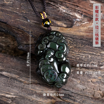 Natural Obsidian Pixiu Pendant Necklace | Chinese Style Unisex Wealth Talisman