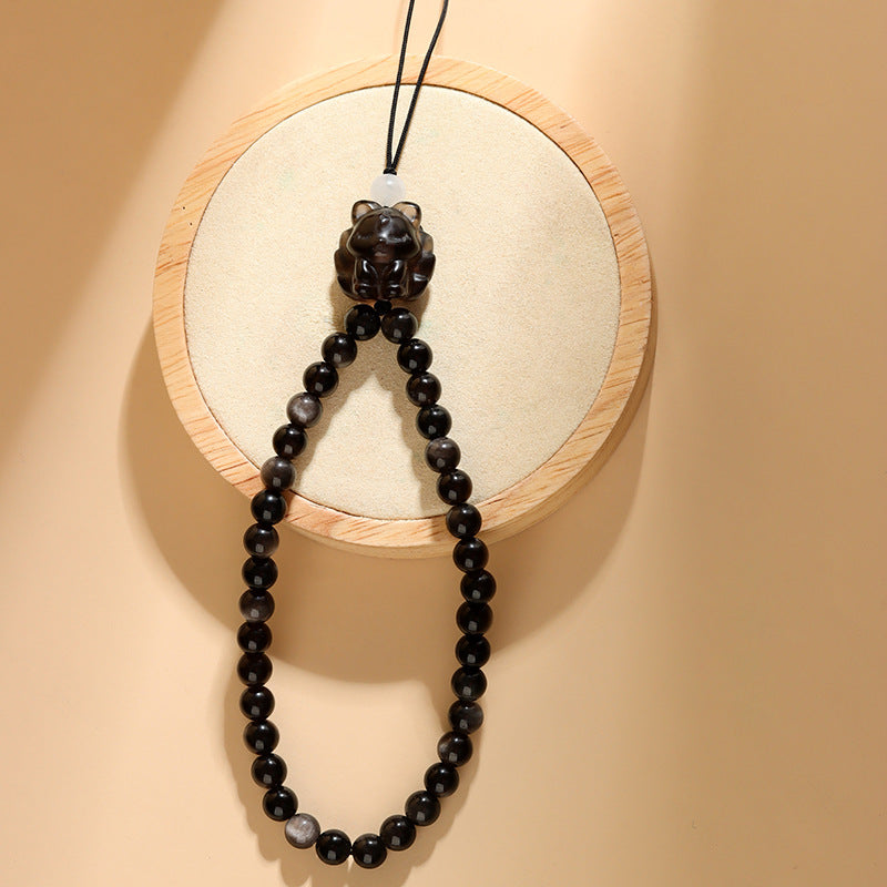 Mystical Silver Obsidian Tea Crystal Nine-Tailed Fox Charm for Protection and Good Fortune