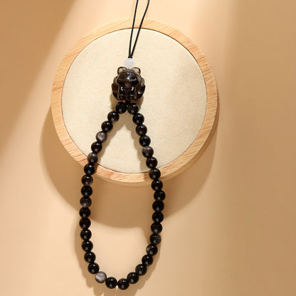 Mystical Silver Obsidian Tea Crystal Nine-Tailed Fox Charm for Protection and Good Fortune