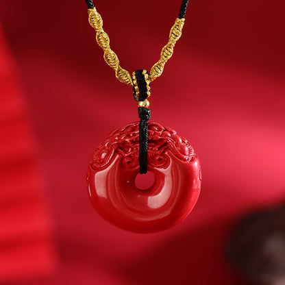 Natural High-Content Cinnabar Pixiu Peace Buckle Necklace Pendant - Wealth & Protection Talisman