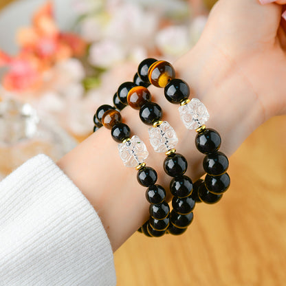 Natural Obsidian Bracelet with White Crystal Lion Awakening - Unisex Spiritual Protection Beaded Jewelry