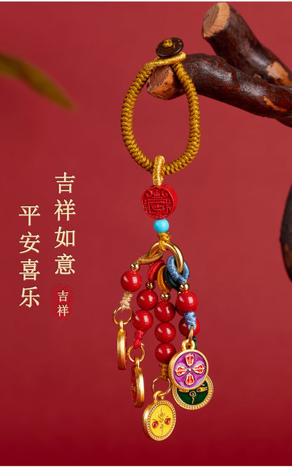 Natural Imperial Red Cinnabar Five-Way God of Wealth Keychain - Chinese Style Bag Charm for Wealth and Luck
