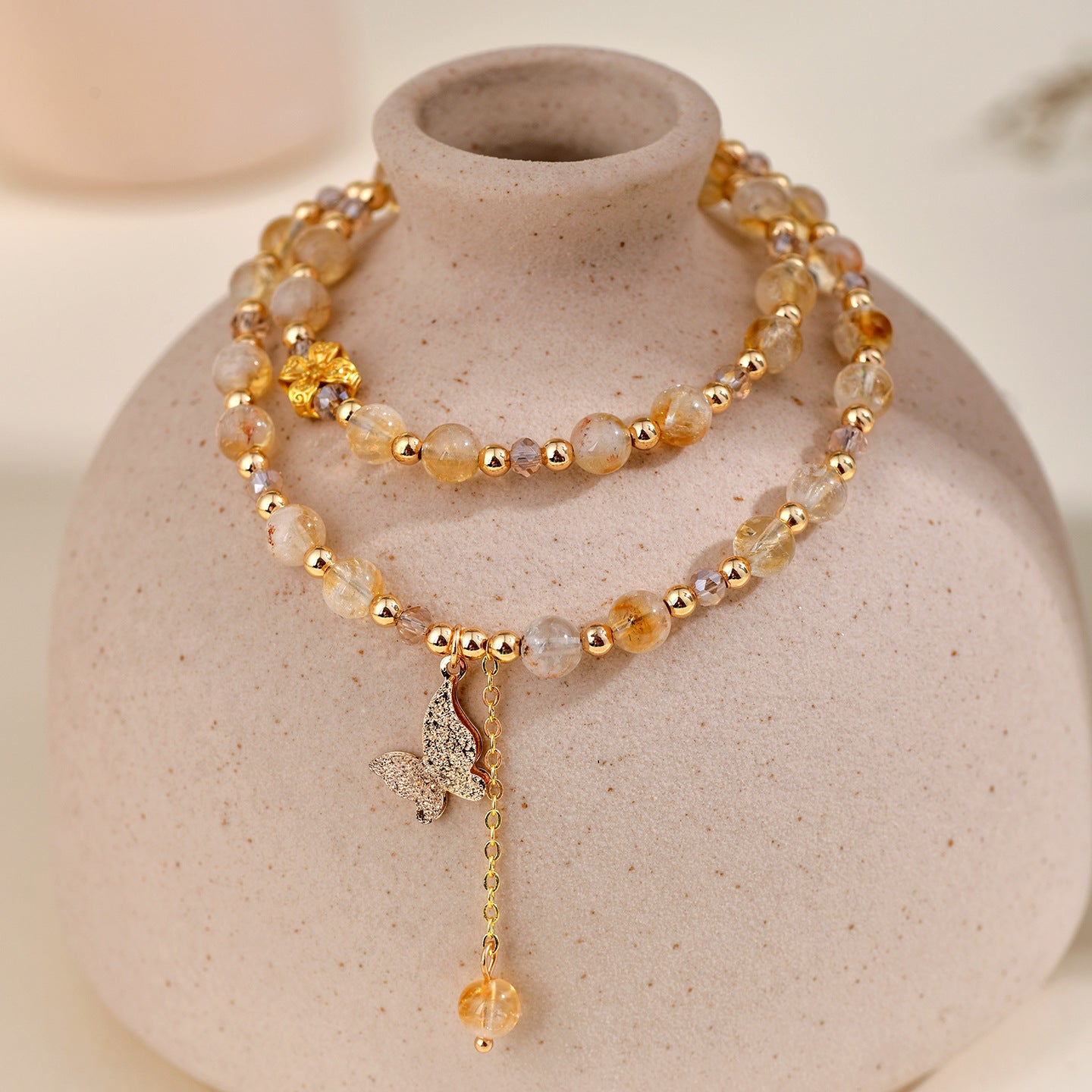 Natural Yellow Pagoda Crystal Butterfly Tassel Double Circle Bracelet for Women