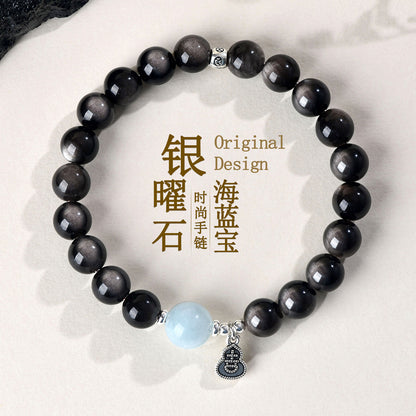 Natural Silver Obsidian Aquamarine Gourd Bracelet - Chinese Lucky Women's Jewelry