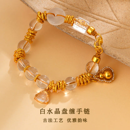 Golden Coiled White Crystal Bracelet with White Agate Peace Buckle - New Chinese Style Spiritual Jewelry