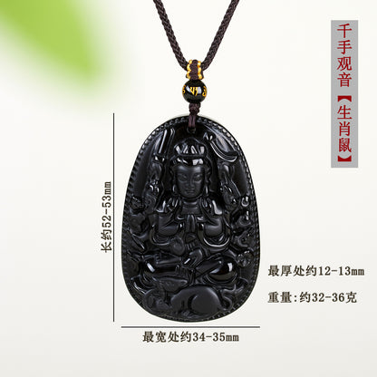 Natural Obsidian Zodiac Buddha Pendant with Eight Guardian Gods - Spiritual Protection Amulet