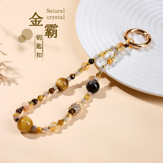 Natural Crystal Tower Keychain with Tiger Eye and Gray Agate - Wealth Protection and Good Luck Charm