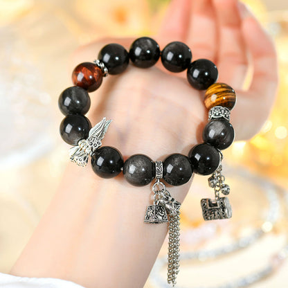 Natural Silver Obsidian Tiger Eye Bracelet - Vintage Unisex Protection Stone Jewelry
