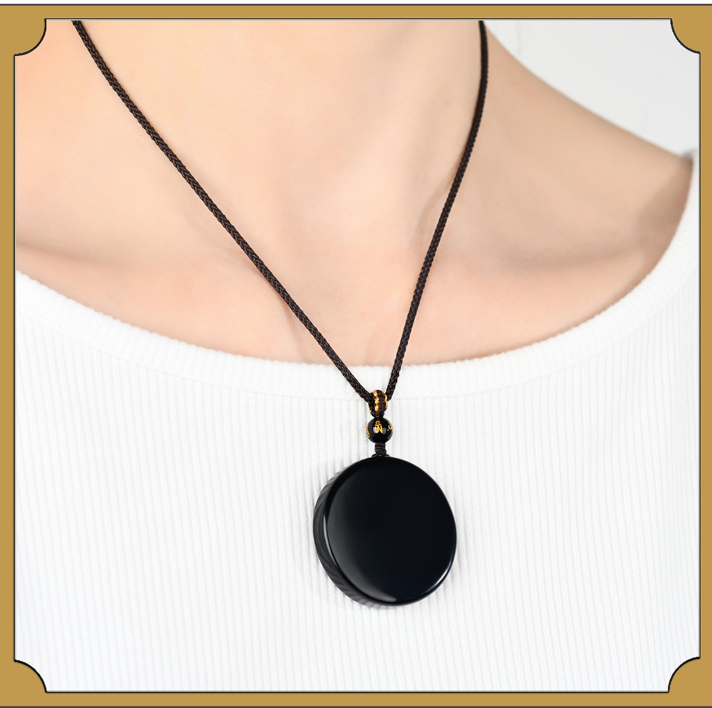 Natural Obsidian Round Pendant Necklace for Zodiac Year Protection and Peace