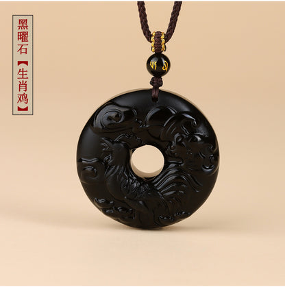 Natural Obsidian Zodiac Peace Buckle Pendant | Spiritual Protection & Fortune Necklace