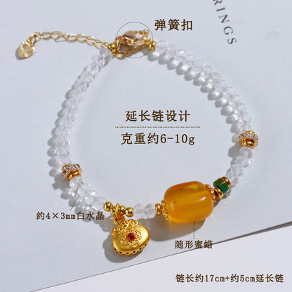 Natural Carved White Crystal and Amber Bead Bracelet | Chinese Style Spiritual Jewelry for Women