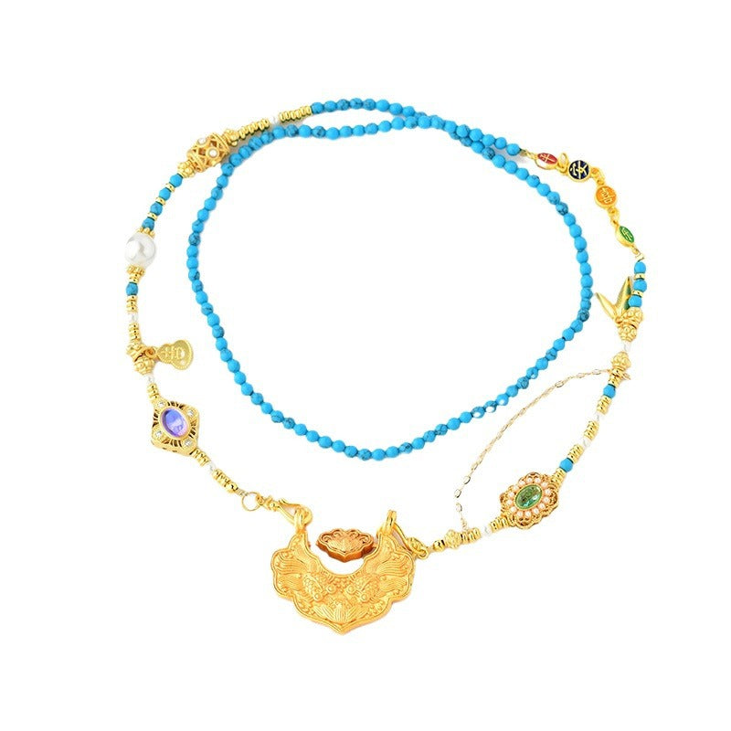 Koi Fish Ruyi Lock Necklace - Ancient Copper Gold Plated Chinese Style Pendant