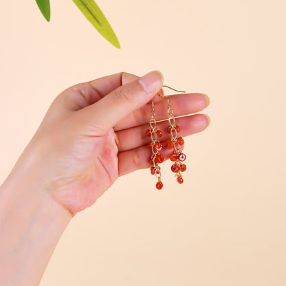 Natural Emerald Red Jade Tassel Earrings | Chinese Retro Style Luxury Women's Jewelry