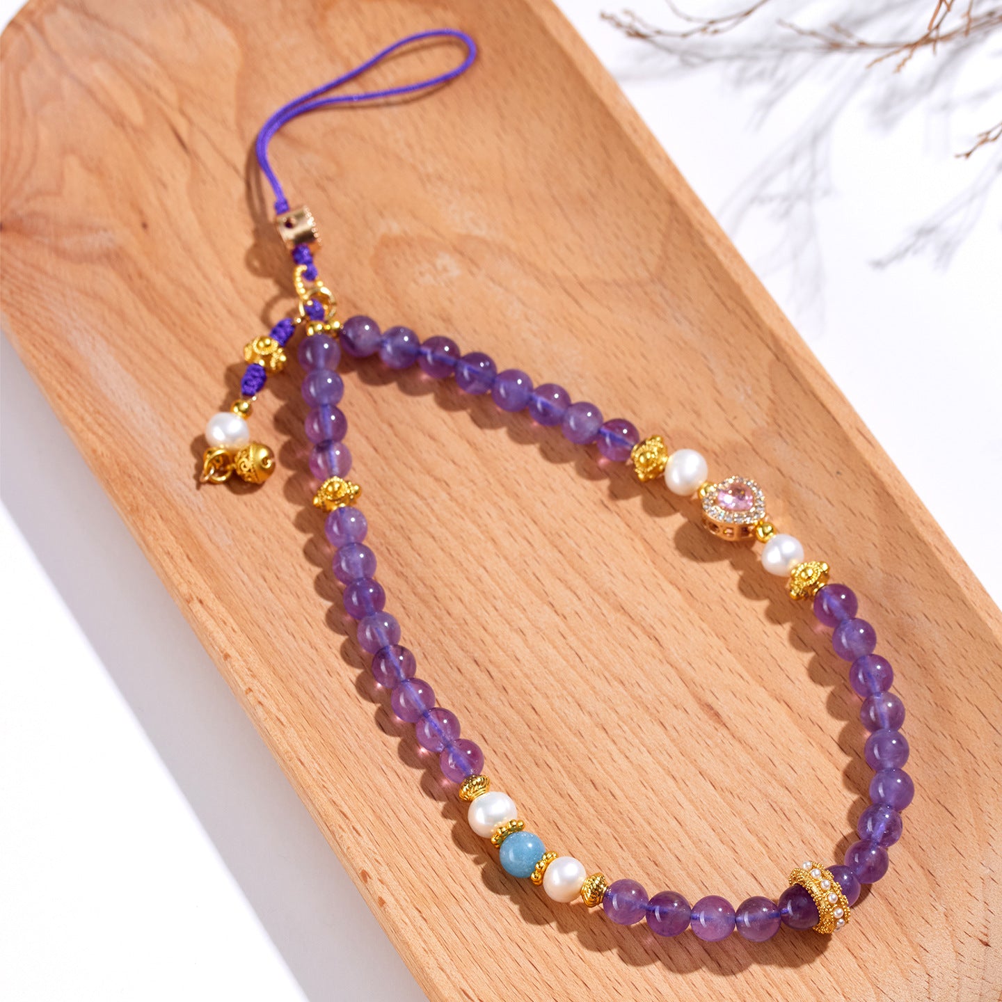 Natural Amethyst Pearl Phone Chain - Chinese Style Feng Shui Pendant for Protection and Luck