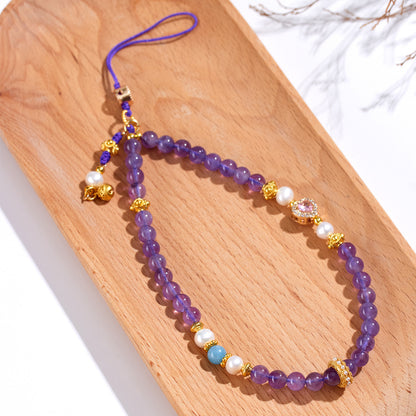 Natural Amethyst Pearl Phone Chain - Chinese Style Feng Shui Pendant for Protection and Luck