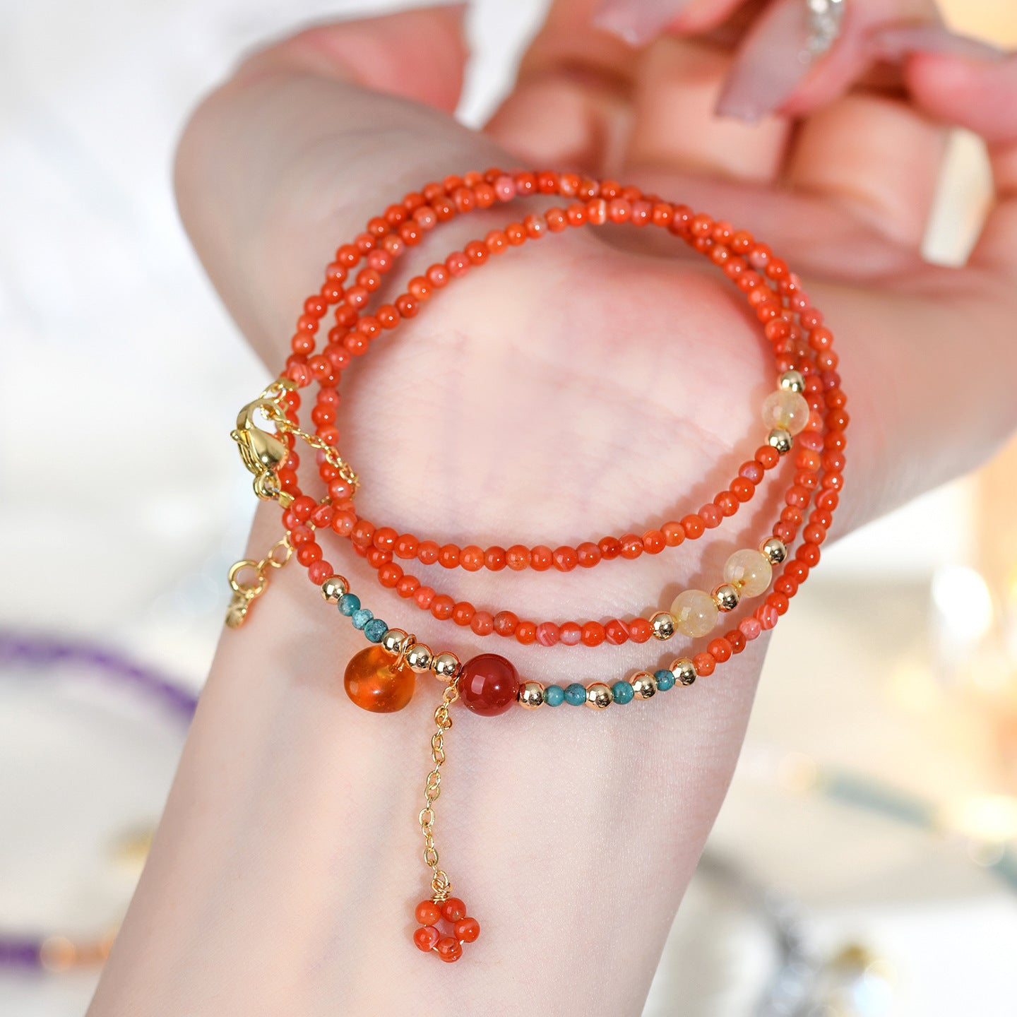 Natural Southern Red Agate & Yellow Rutilated Quartz Multi-Circle Bracelet - Elegant Women's Collarbone Necklace