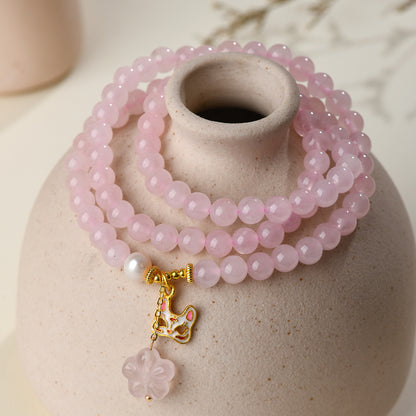 Natural Madagascar Pink Crystal Multi-Circle Love Bracelet with Fox Mask Charm