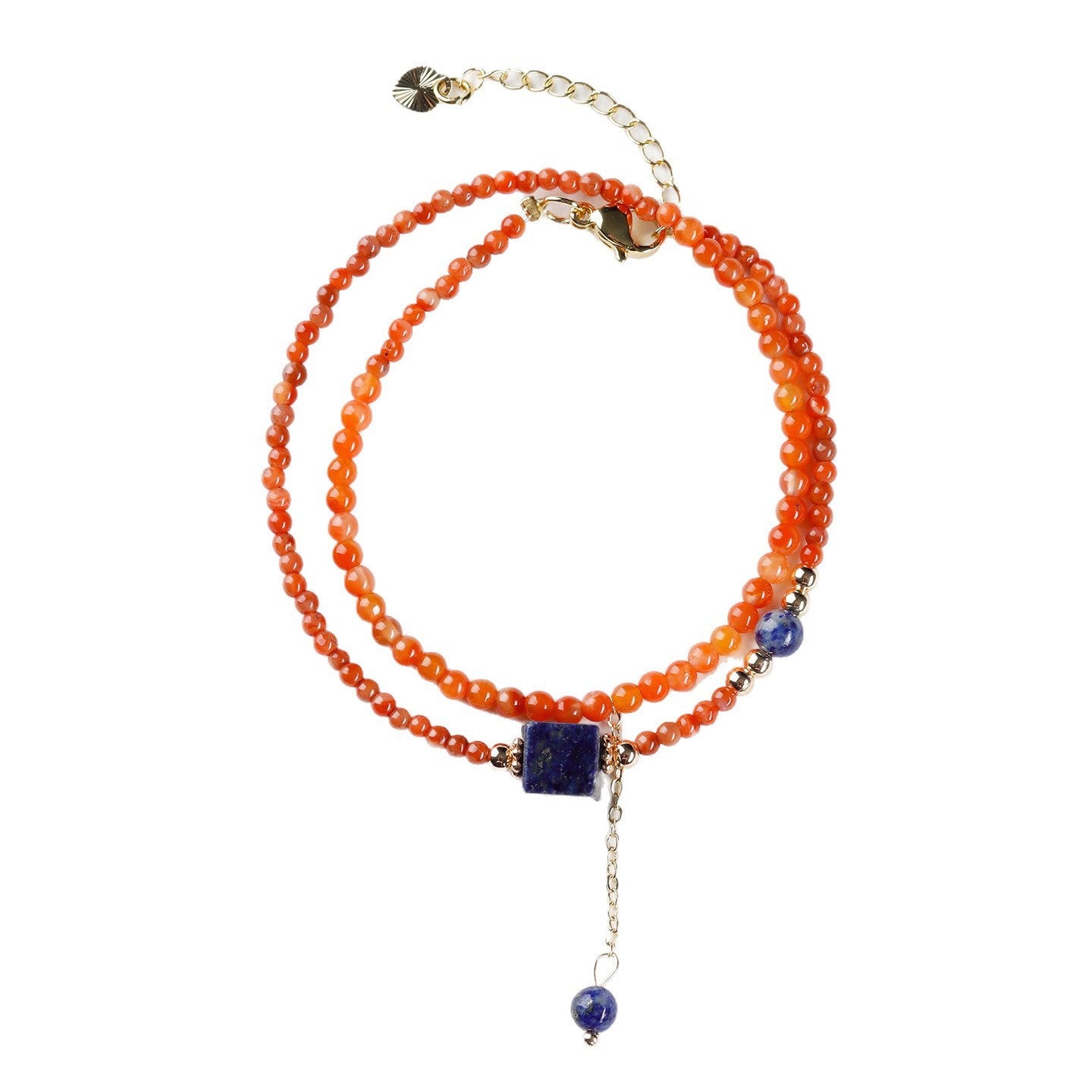 Natural Southern Red Agate & Lapis Lazuli Sugar Cube Double Circle Bracelet with Extension Chain