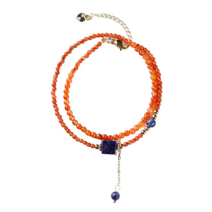 Natural Southern Red Agate & Lapis Lazuli Sugar Cube Double Circle Bracelet with Extension Chain