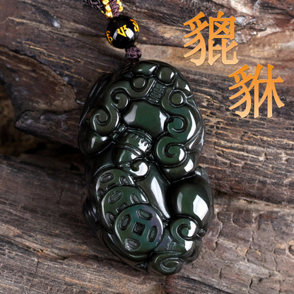 Natural Obsidian Pixiu Pendant Necklace | Chinese Style Unisex Wealth Talisman