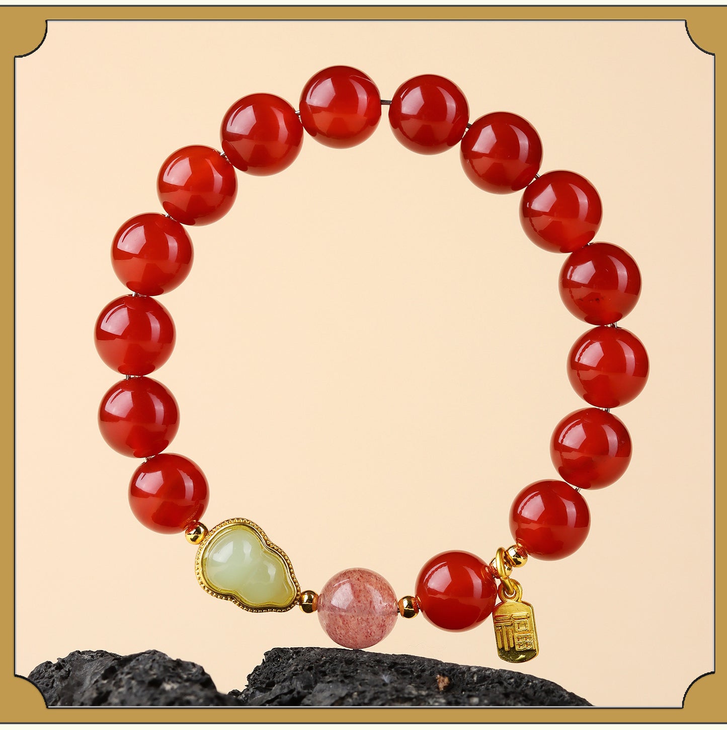 Natural Red Agate Strawberry Crystal Gourd Bracelet | Chinese Style Fortune Prosperity Unisex
