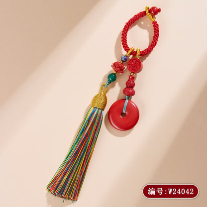 Imperial Red Cinnabar Peace Buckle Keychain with Multicolored Tassel - Handmade Spiritual Protector