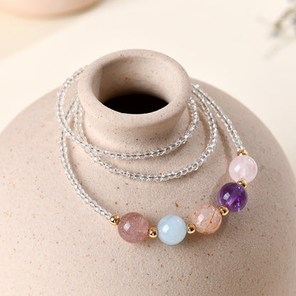 Natural Crystal Multi-Gem Collarbone Necklace with Strawberry Quartz and Aquamarine | Spiritual Energy Jewelry