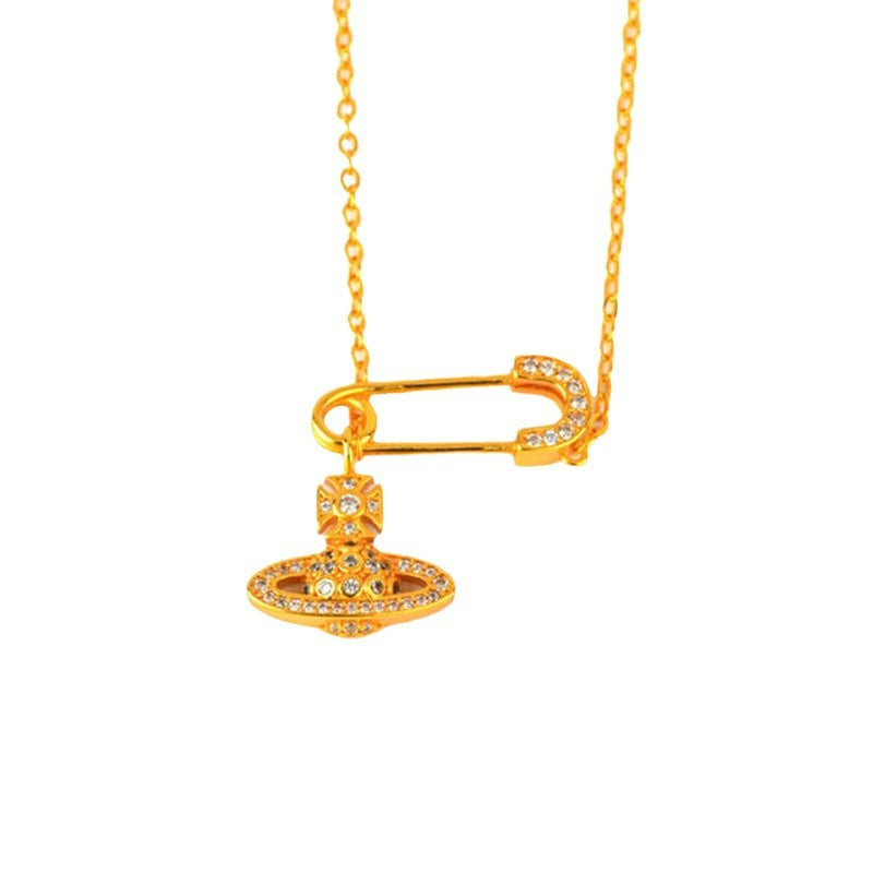 Golden Saturn Pin Necklace | 3D Planet Design Fashion Clavicle Chain
