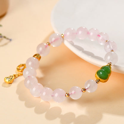 Natural Pink Quartz Gourd Tassel Bracelet | Peach Blossom Love Charm for Women