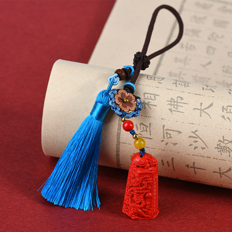 Natural Imperial Red Cinnabar Wenchang Pagoda Car Pendant - Wisdom and Luck Talisman