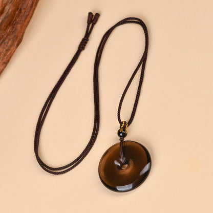 Natural Obsidian White Agate Peace Buckle Pendant - Chinese Style Zodiac Harmony Necklace