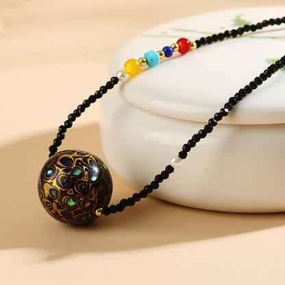 Mother-of-Pearl Lacquer Bead Black Spinel Collarbone Necklace | Intangible Heritage Craft Elegance