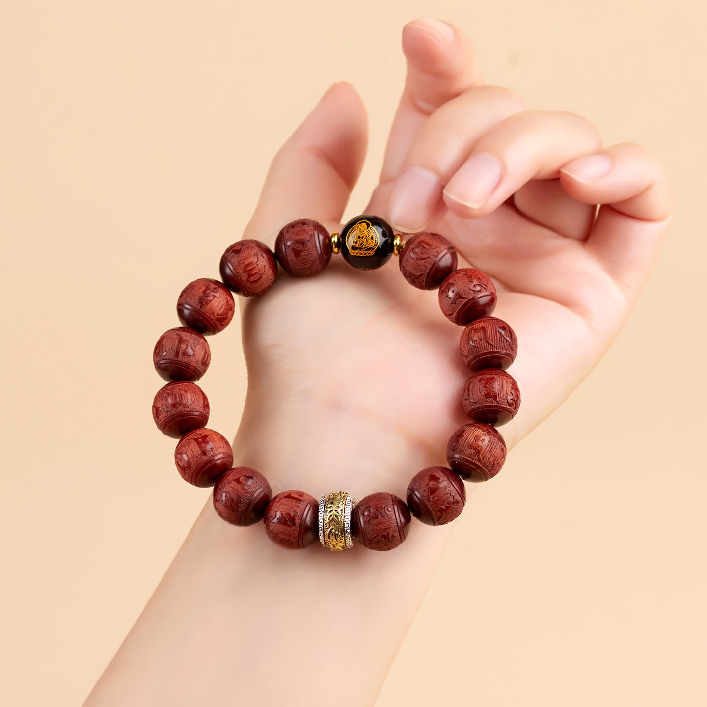 Small Leaf Red Sandalwood Six-Word Mantra Black Obsidian Guardian Deities Zodiac Bracelet for Couples