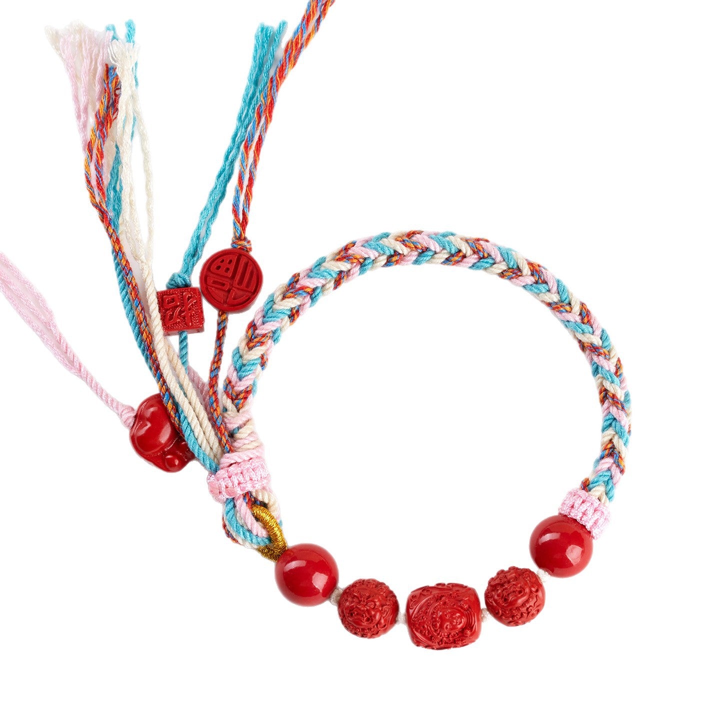 Imperial Red Cinnabar Guanyin Barrel Bead Tibetan Style Bracelet with Pixiu Beads