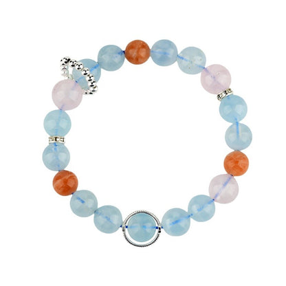 Natural Aquamarine Pink Crystal Sunstone Cancer Zodiac Bracelet | Spiritual Healing & Fashion Elegance