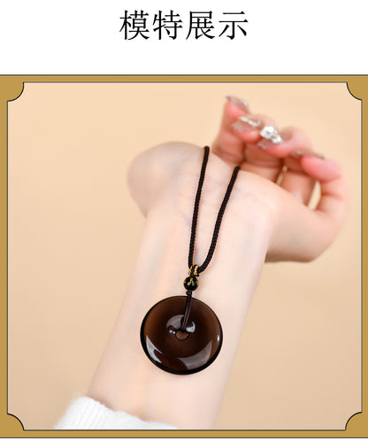 Natural Obsidian White Agate Peace Buckle Pendant - Chinese Style Zodiac Harmony Necklace