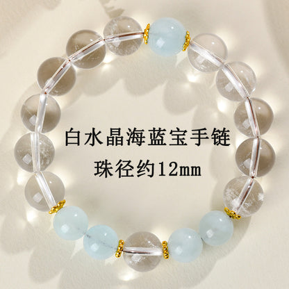 Natural Crystal Energy Bracelet with White Crystal, Obsidian, Strawberry Quartz, and Aquamarine | Spiritual Harmony & Protection