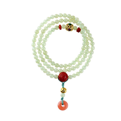 Natural Hetian Jade & Southern Red Agate Three-Circle Bracelet | Peace and Prosperity Buddhist Beads for Women