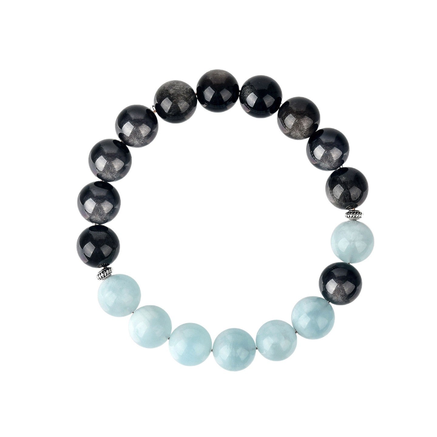 Elegant Silver Obsidian and Aquamarine Bracelet | Protection and Serenity for Women