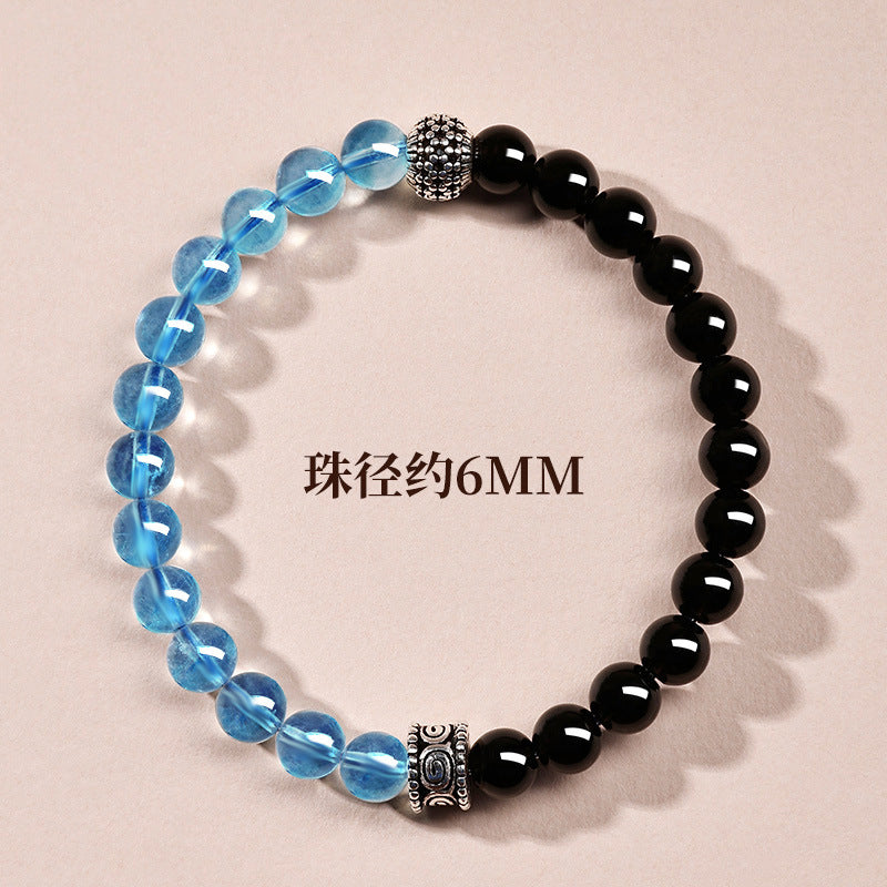 Natural Obsidian Aquamarine Crystal Bracelet - Couple Spiritual Harmony & Protection