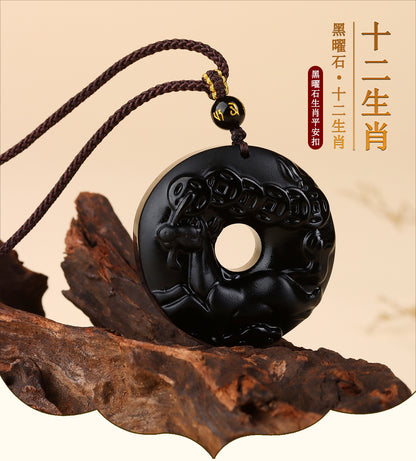 Natural Obsidian Zodiac Peace Buckle Pendant | Spiritual Protection & Fortune Necklace