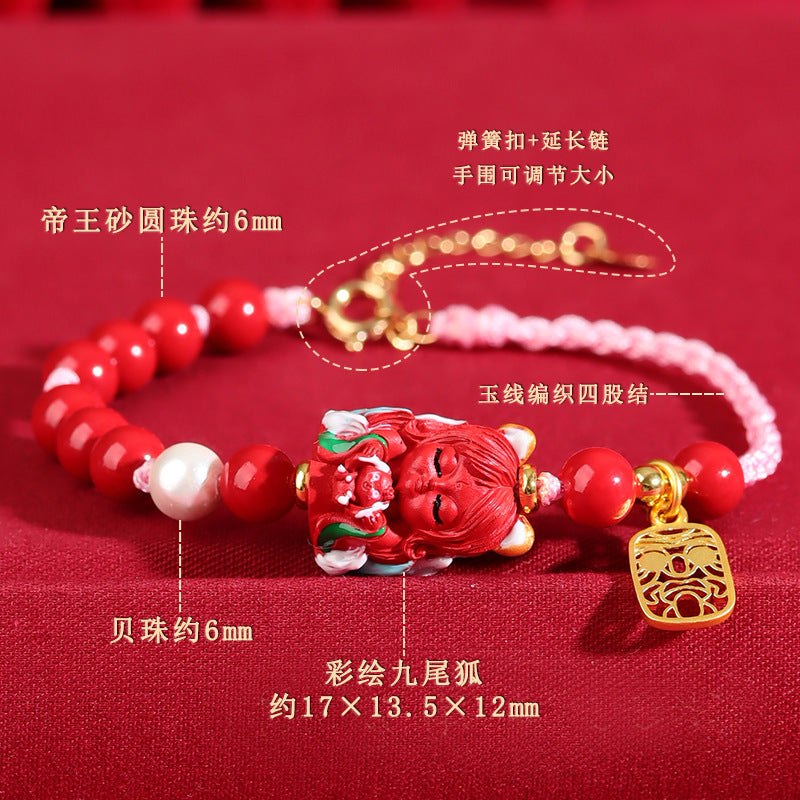 Natural High Content Cinnabar Nine-Tailed Fox Hand-Woven Bracelet | Mystical Protection & Fortune Charm