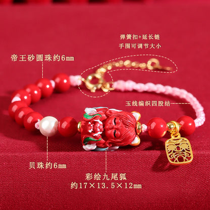 Natural High Content Cinnabar Nine-Tailed Fox Hand-Woven Bracelet | Mystical Protection & Fortune Charm